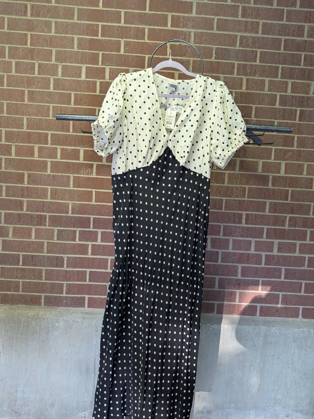 A New Day Black White Polka Dot Maxi Long Dress Women's XL Puff Sleeve Crepe NWT